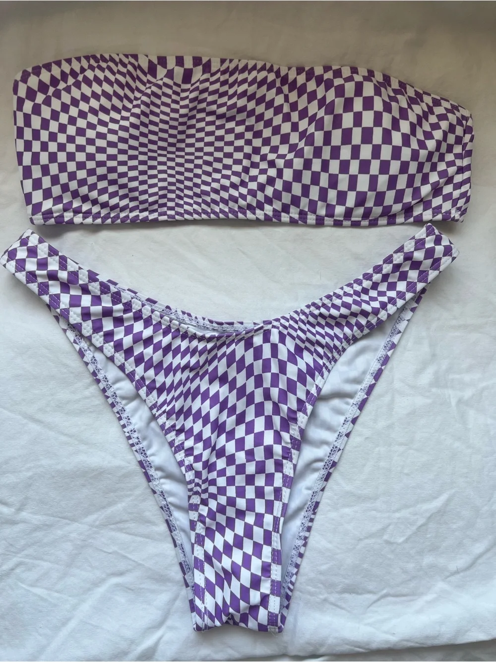 Purple Checkerboard Strapless Bikini Set